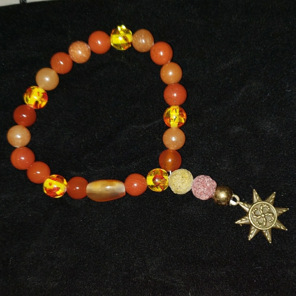 Red Agate, Amber, Red Jasper, Glass, lava Bracelet